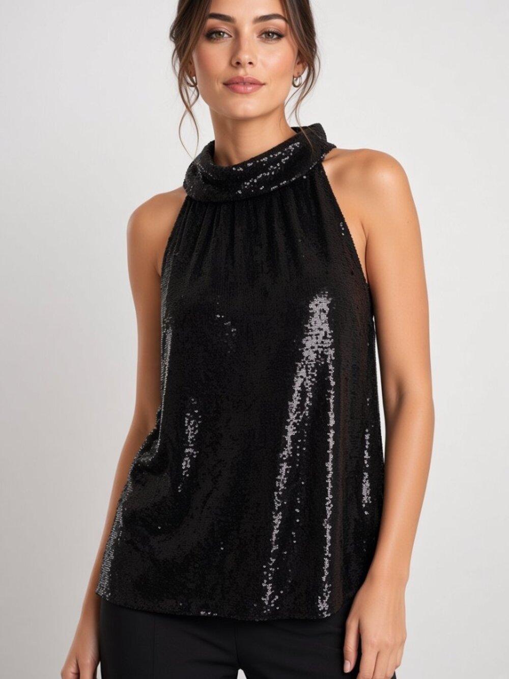 Sail to Sable Black Sequins Cowl Neck Top